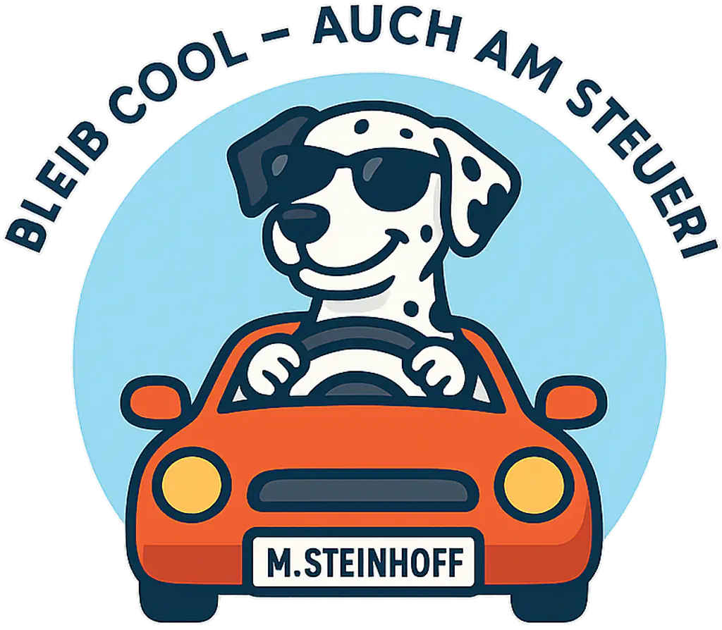 Logo der Fahrschule Steinhoff: ein Dalmatiner mit Sonnenbrille am Lenkrad eines orangen Autos, umlaufend der Schriftzug „Bleib cool – auch am Steuer!“