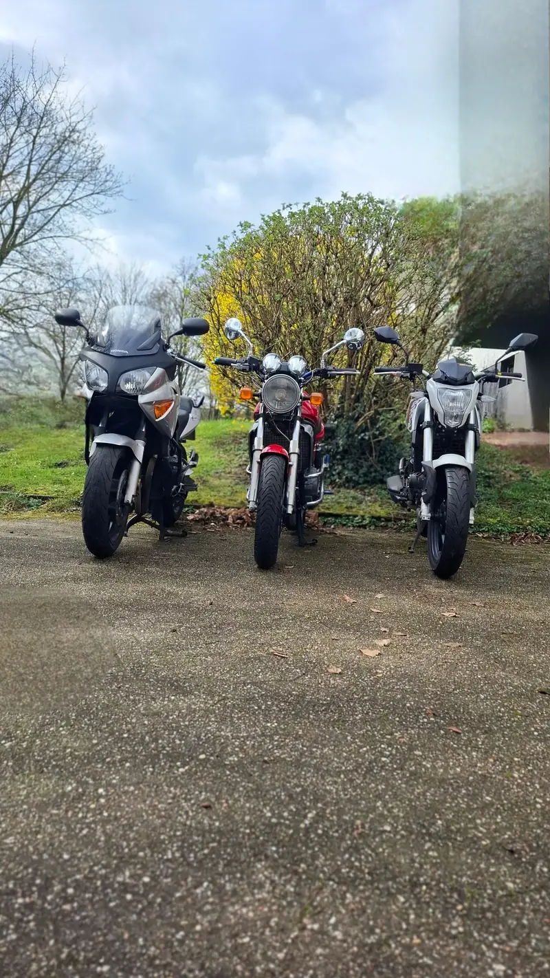 Die drei Schulmotorräder der Fahrschule Steinhoff nebeneinander: Honda CBF600, Kawasaki ER5 und KSR Solution